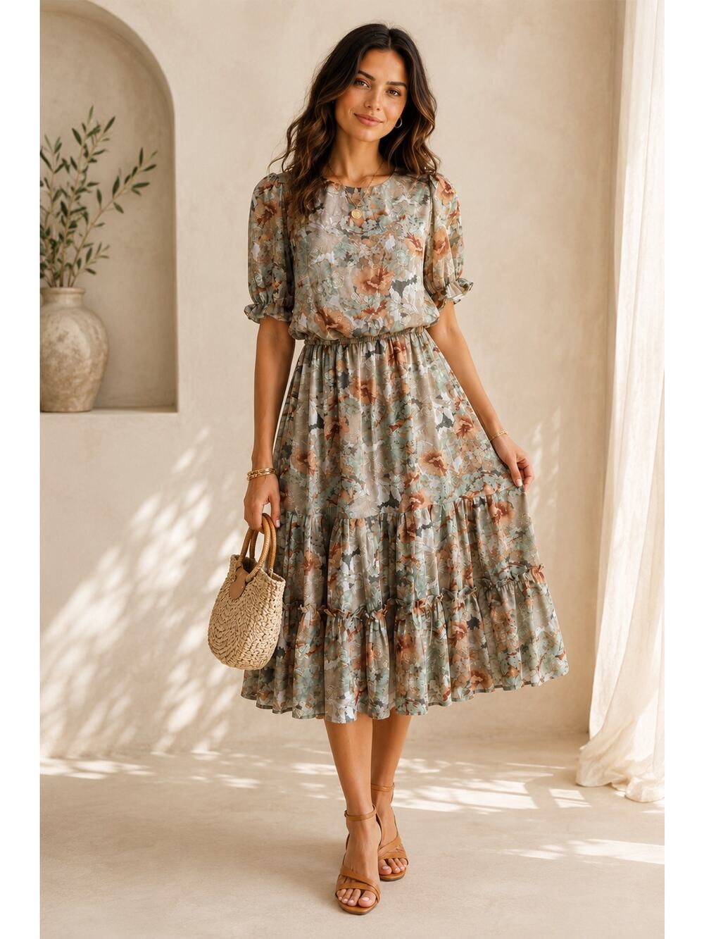 Jessakae Cottagecore Midi Dress XS Puffed Sleeve Metallic Floral Prairie Boho XS